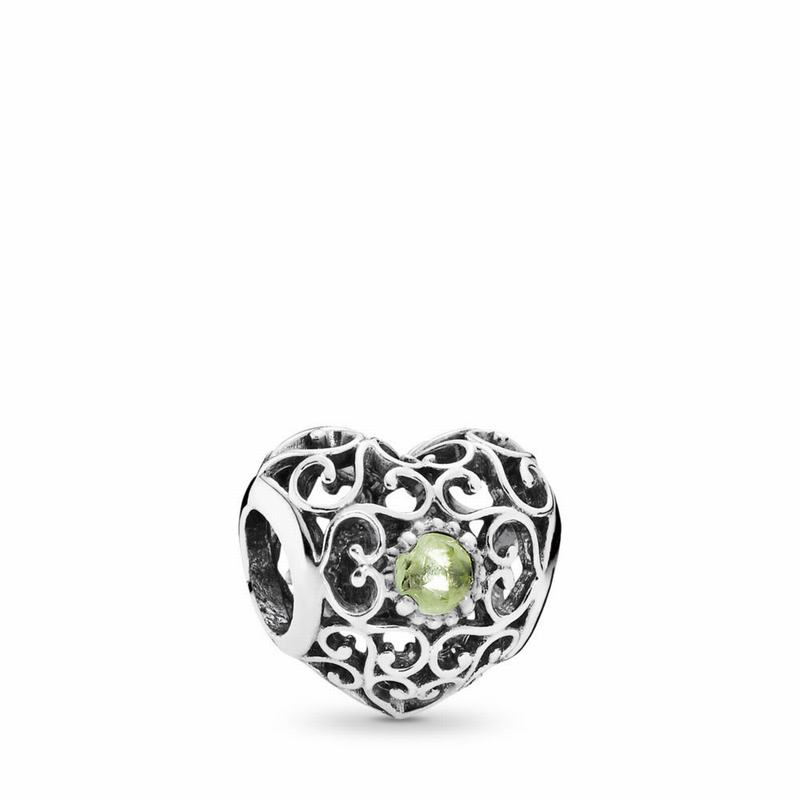 Pandora August Signature Heart Charm with Peridot Birthstone Silver Egypt AZ3504291